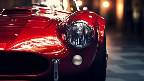 Red classic roadster close-up with glossy bokeh highlights.