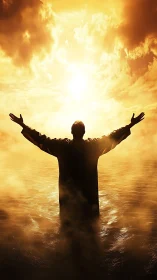 Backlit silhouette in golden atmospheric light over water