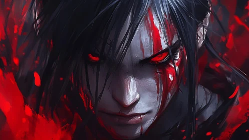 Fierce crimson‑eyed warrior gazes forward with dark resolve