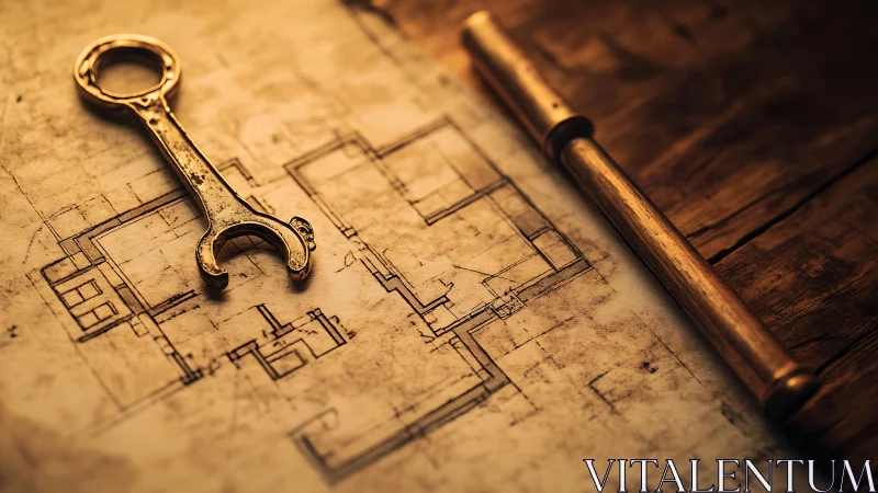 Vintage Brass Calipers and Surveying Instruments on Architectural Blueprints.