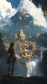 Lone explorer surveys a sunlit jungle city beneath a vast peak