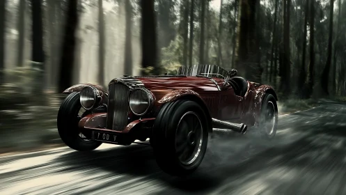 Vintage roadster surging through misty forest road at speed.