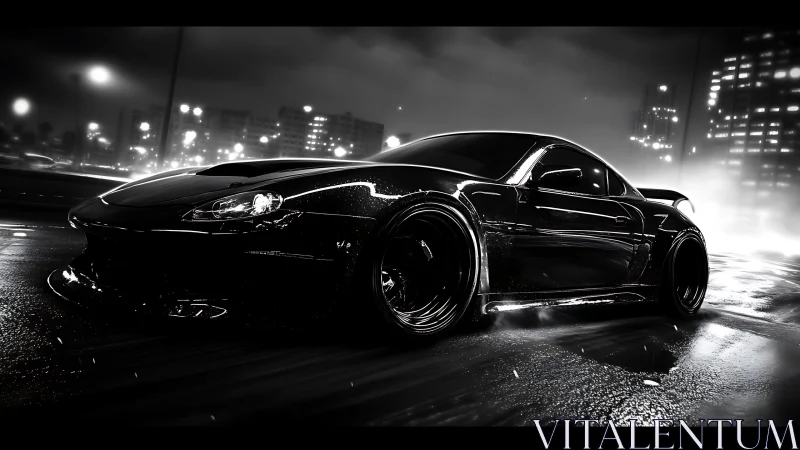 Midnight hypercar prowls the rain-glossed neon freeway.