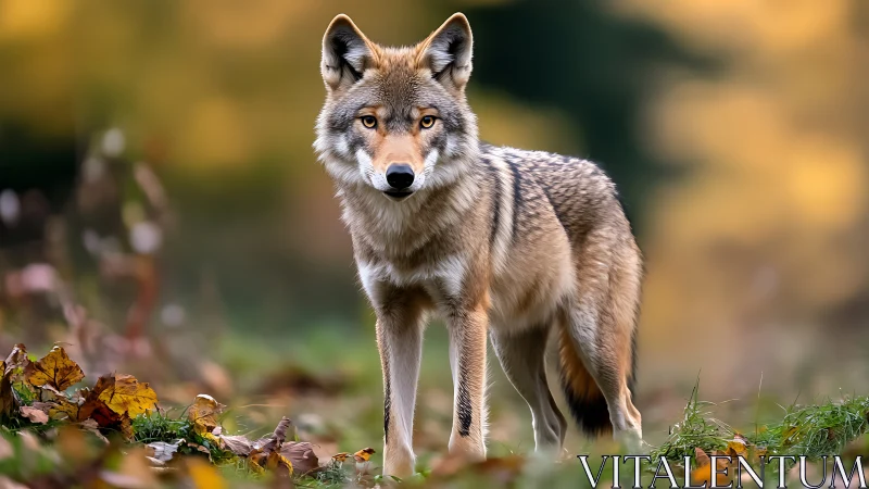Wild gray wolf standing in autumn forest clearing outdoors.