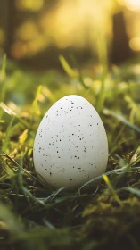 Speckled egg resting on grass in soft forest sunlight.