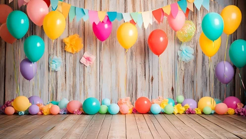 Vibrant Celebration Setup with Colorful Balloons and Bunting.