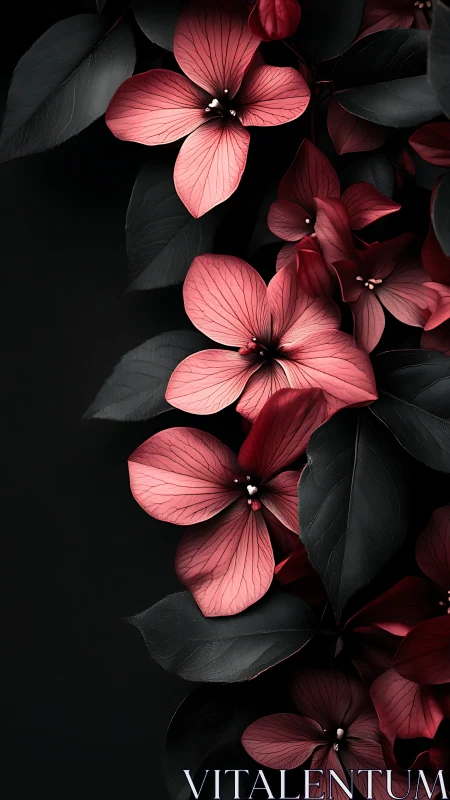Coral Hydrangea Blossoms with Cinematic Backlighting Against Dark Foliage