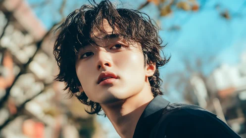 Soft daylight portrait of young man with tousled wavy hair