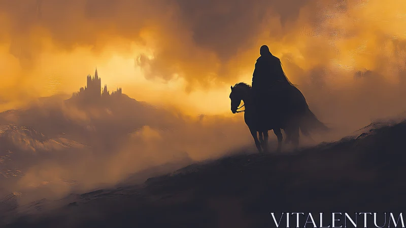 Silhouetted rider approaching distant castle in dense fog.