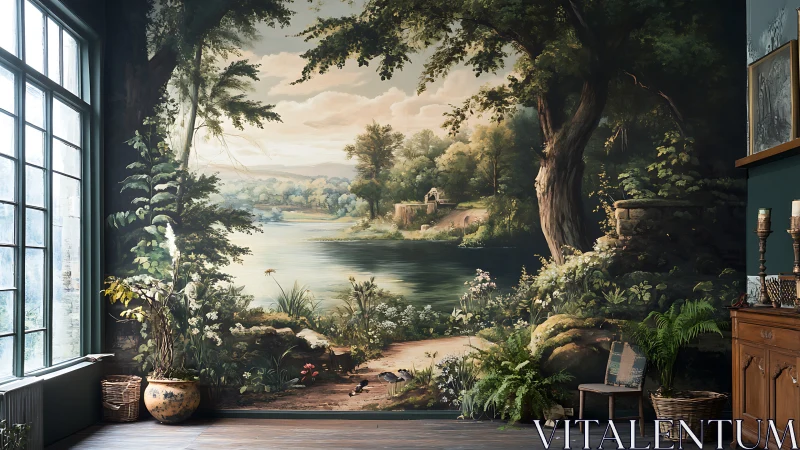 Interior wall mural depicts tranquil lakeside forest landscape
