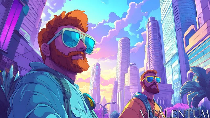 Sunlit city wanderers in bold neon reflections.