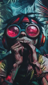 Goggled dreamer gazes upward, lost in neon jungle wonder