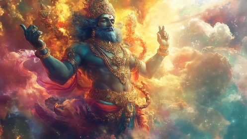 Mythic blue deity in radiant cosmic cloudscape artwork.