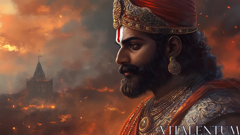 Warrior king in jeweled armor before burning temple city.