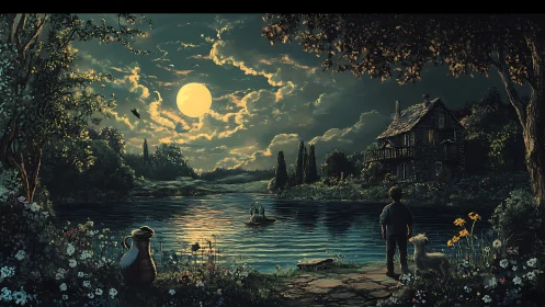 Boy and dog watch moonlit lake with distant rowboat calmly