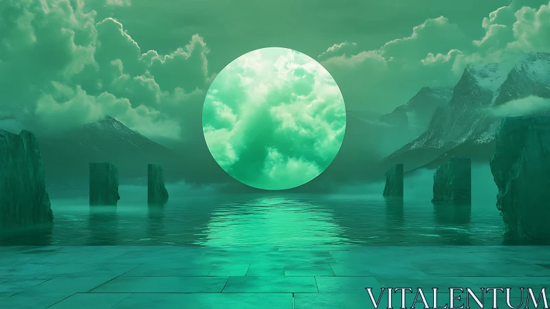 Circular portal reveals illuminated clouds over surreal fjord