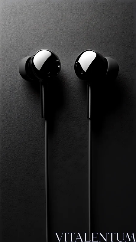 Black Earbuds with Glossy Spheres Against Textured Background.