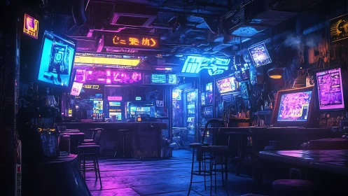 Neon-soaked cyberpunk bar humming with glitch-lit secrets.