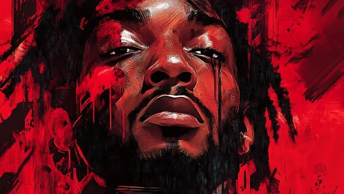 Crimson gaze uprising in a storm of brushstroked rebellion.