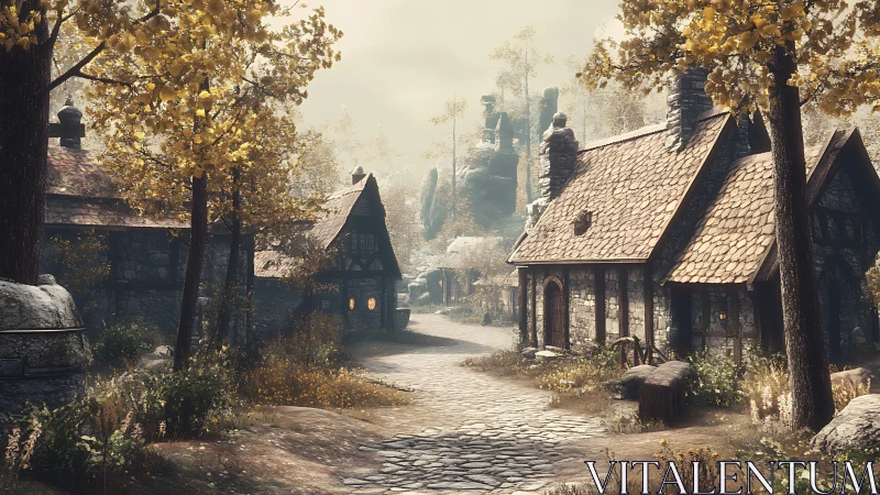 Quiet autumn village lane with cozy stone cottages.