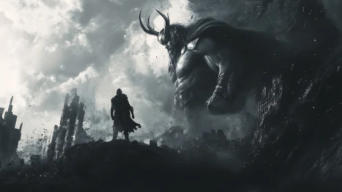 Monochrome mythic confrontation in desolate epic landscape.
