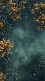 Golden Leaves Dance Through Teal Mist