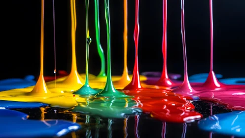 Streams of Bright Paint Pouring on Black Surface, Abstract Art.