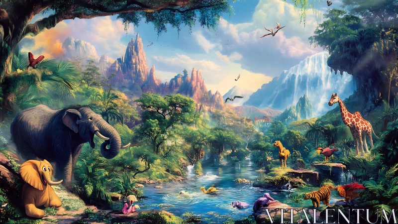 Vibrant jungle valley with river, wildlife, and waterfalls.