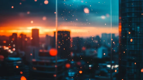 City sunset bokeh ignites glass with neon reflections.