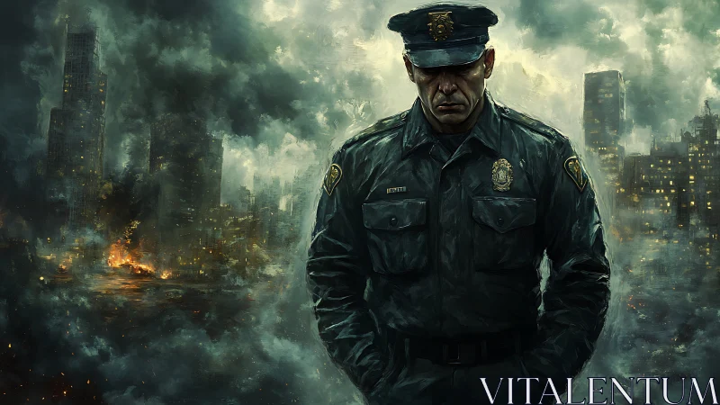 Police officer stands in uniform before ruined cityscape