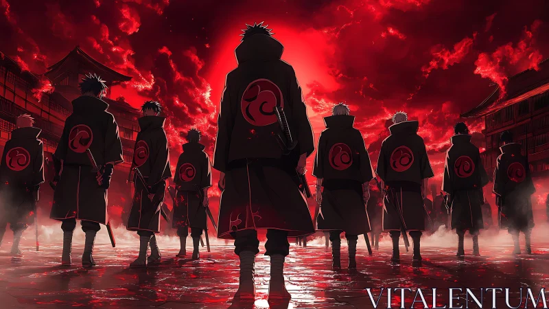 Cloaked warriors advance under blood red sky through mist