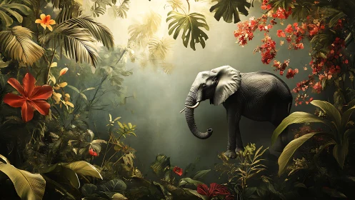 Elephant drifts through florid jungle mist in golden hush.