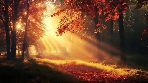 Low-angle autumn woodland illuminated by volumetric sunrise beams