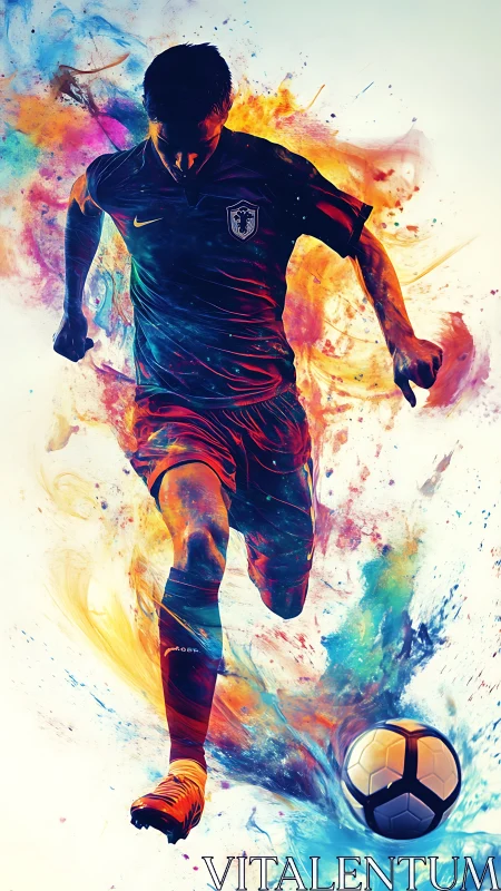 Dynamic soccer player kicking ball in vivid color burst.