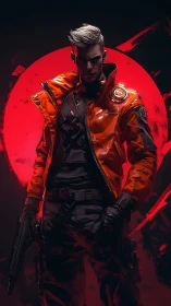 Cyberpunk gunfighter stands before a burning neon red sun