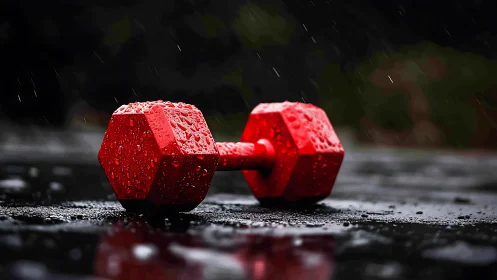 Red hex dumbbell rests on wet asphalt with pronounced raindrops
