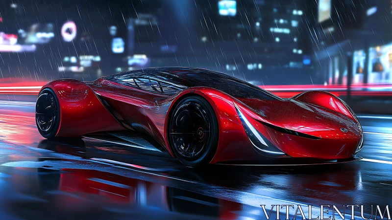 Parametric red hypercar under neon rain, high-gloss reflections