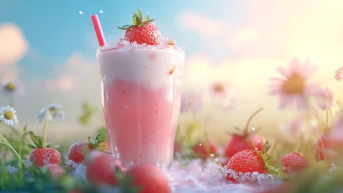 Strawberry milkshake glass stands among flowers and ice