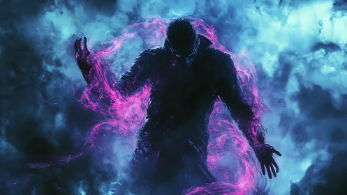 Shadow conjurer bends neon voidfire into swirling storm