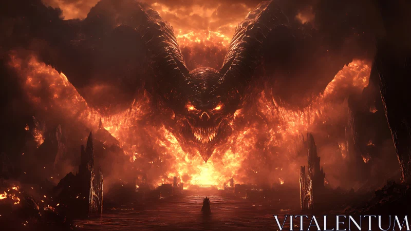 Colossal fire demon towers above lone figure in hellscape
