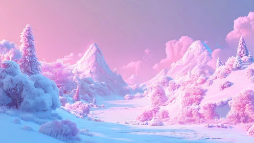 Iridescent pastel mountains with frosted valley panorama.