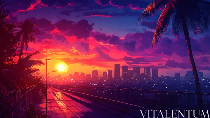 Neon sunset boulevard over a dreaming city skyline.