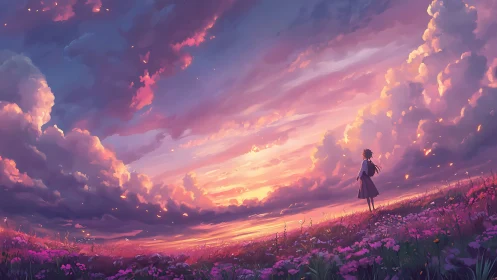 Digital painting of girl in twilight meadow under sweeping clouds.