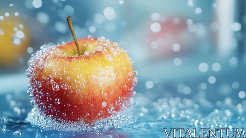 Dewlit apple dazzles underwater in sparkling aqua bokeh.