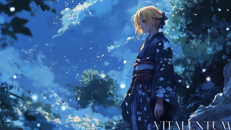 Quiet night stroll beneath drifting sky blossoms.