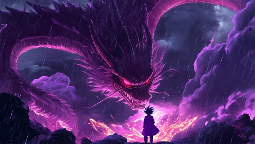 Stormlit dragon looms over lone warrior on burning cliff