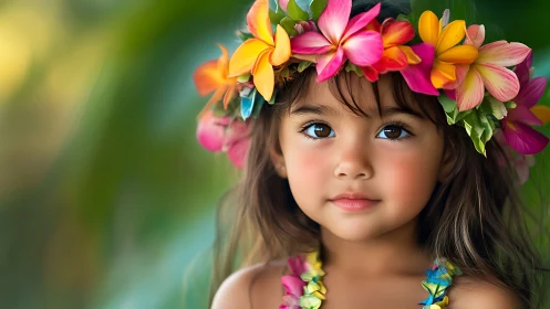 Child with Colorful Flower Crown Against Verdant Bokeh Background