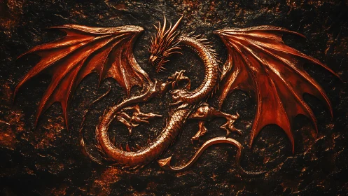 Copper dragon relief coils over molten textured stone wall