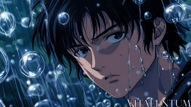 Quiet anime boy in the rain surrounded by shimmering drops.