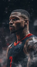 Focused basketball player in dark jersey on smoky court.